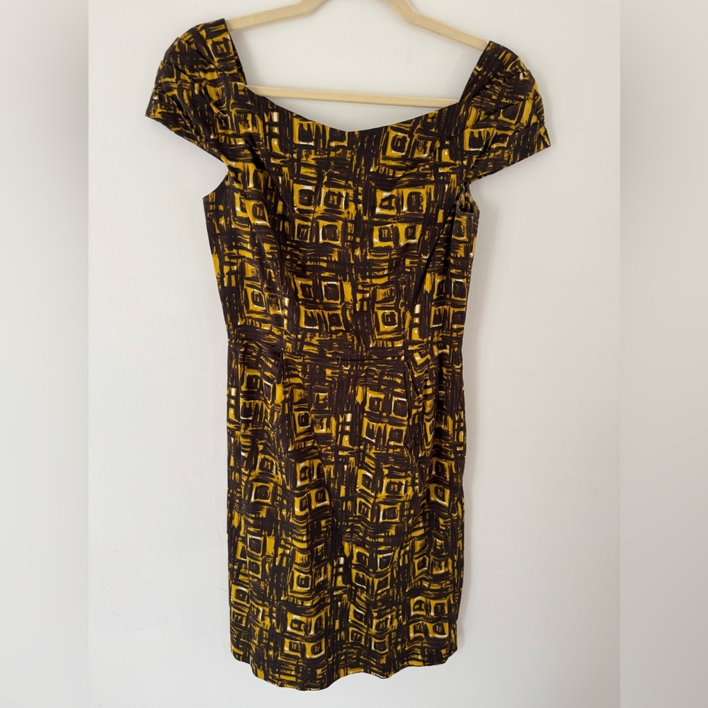 Milly New York Boatneck Cap-Sleeve Brown and Yellow Abstract Dress 2 - Picture 3 of 7